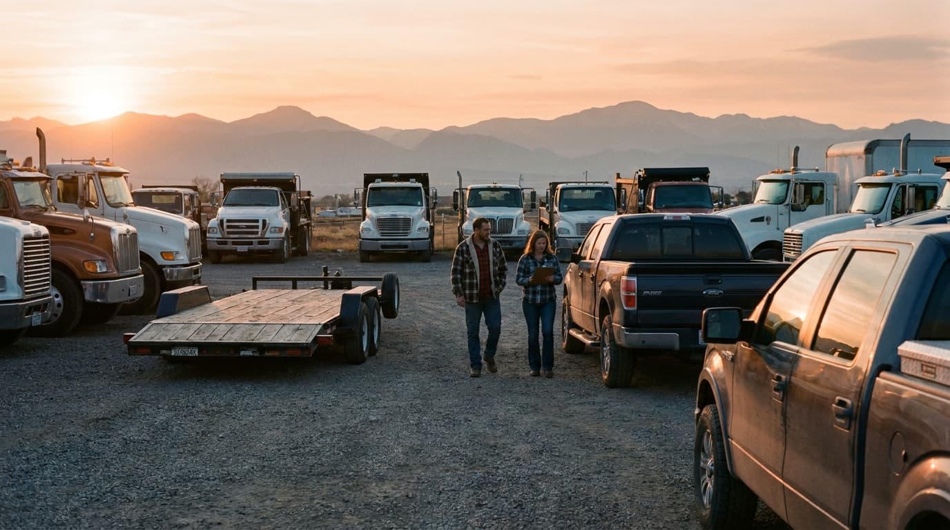Two people inspecting vehicles at a truck lot during golden hour