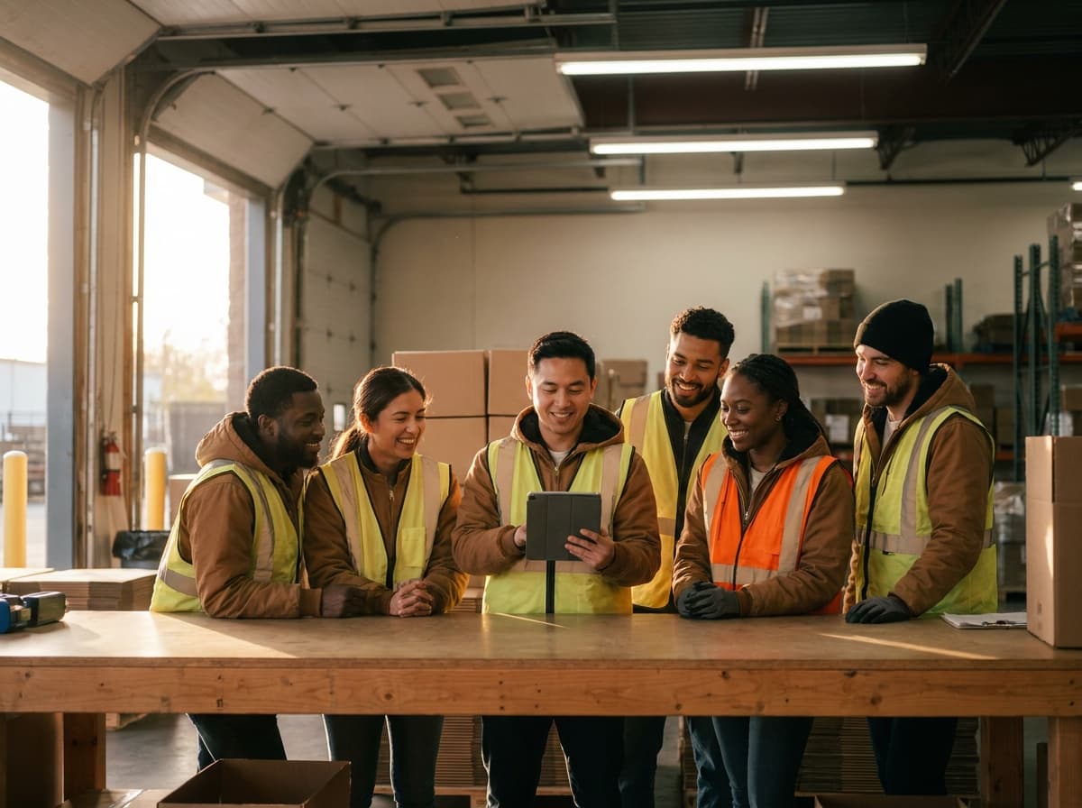 Warehouse team reviewing plans together
