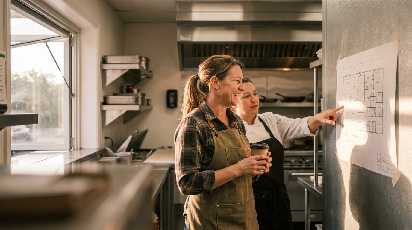 Two colleagues reviewing expansion plans in a commercial kitchen