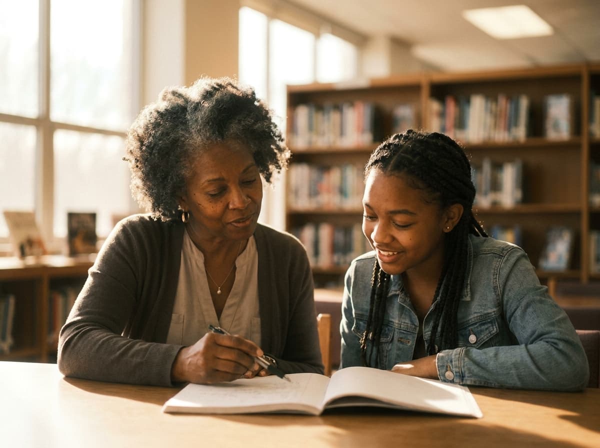 Mentor working with a young person at the library
