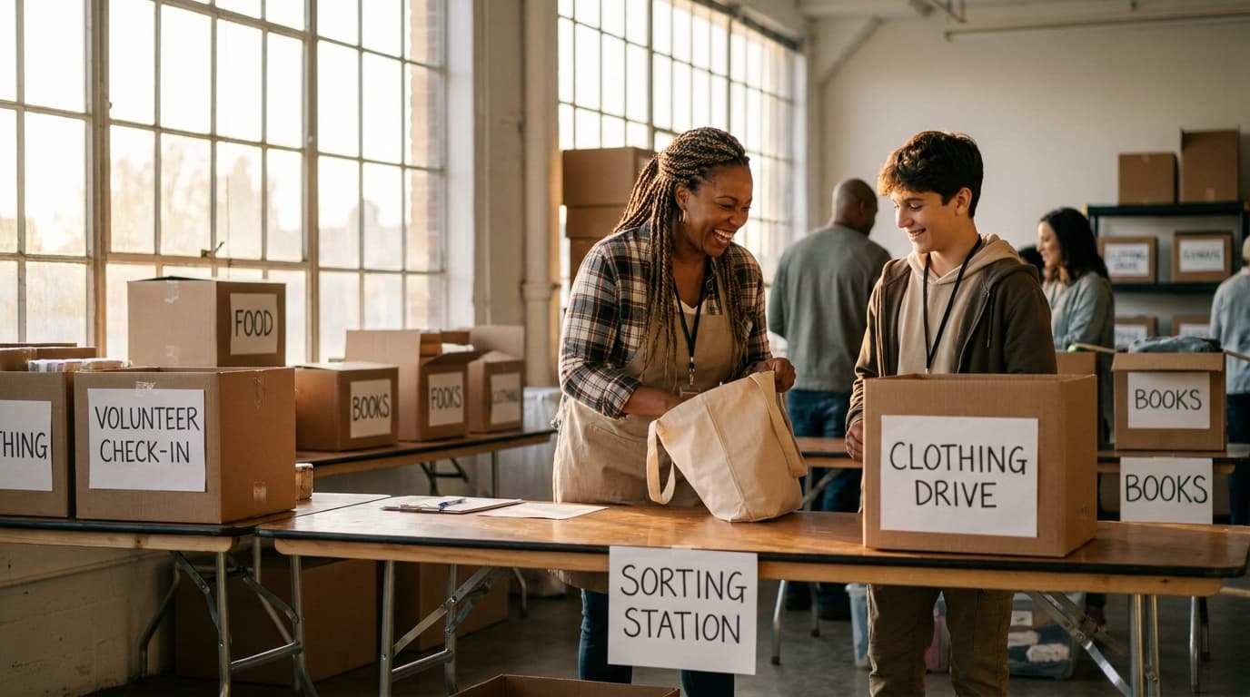 Volunteers sorting supplies at a community warehouse