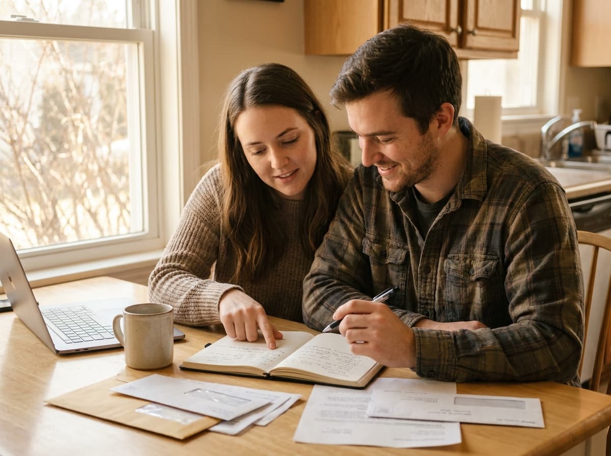 Couple reviewing their finances together at the kitchen table