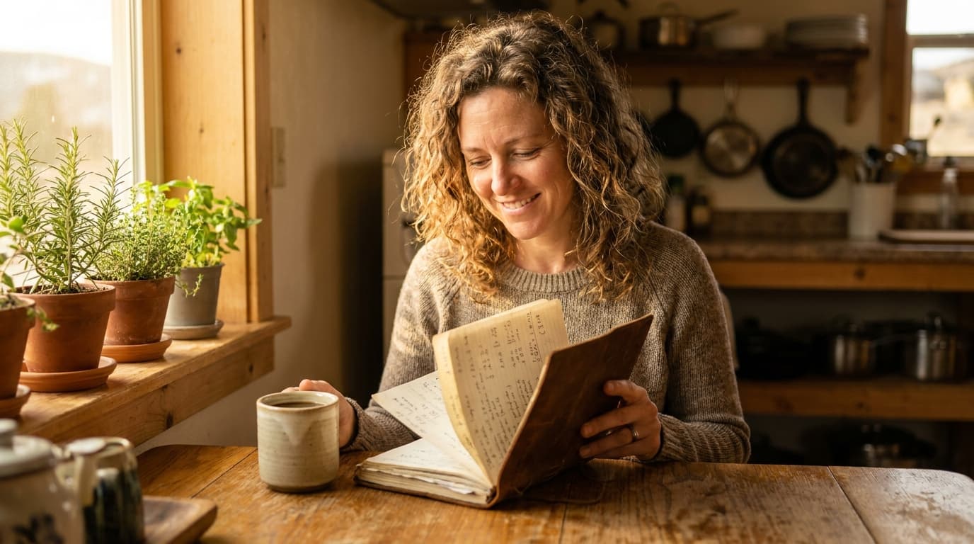 Woman reviewing her financial journal at a sunlit kitchen table