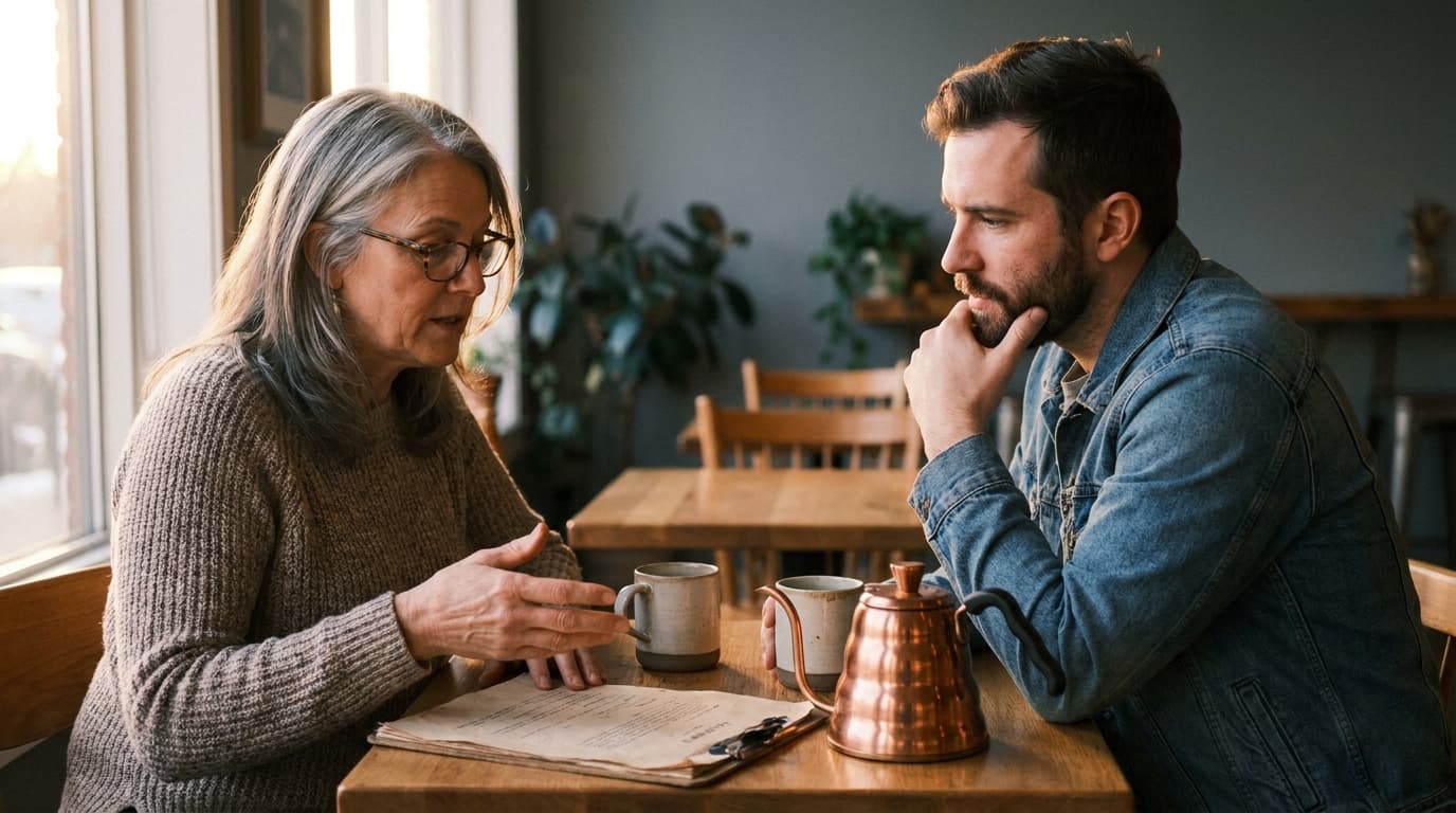 Advisory board member in conversation with a member at a cafe