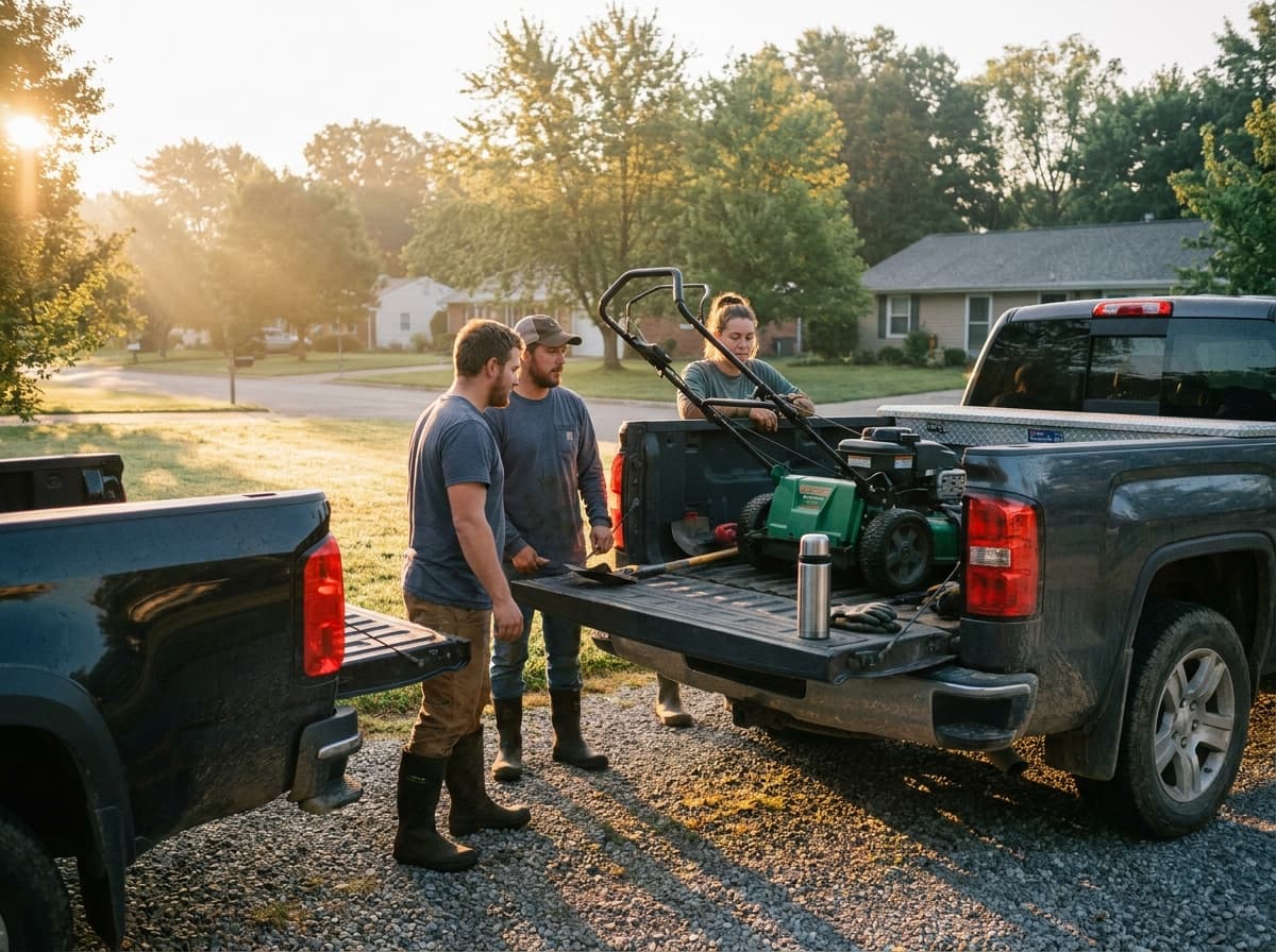 Landscaping crew loading equipment onto a truck in morning light