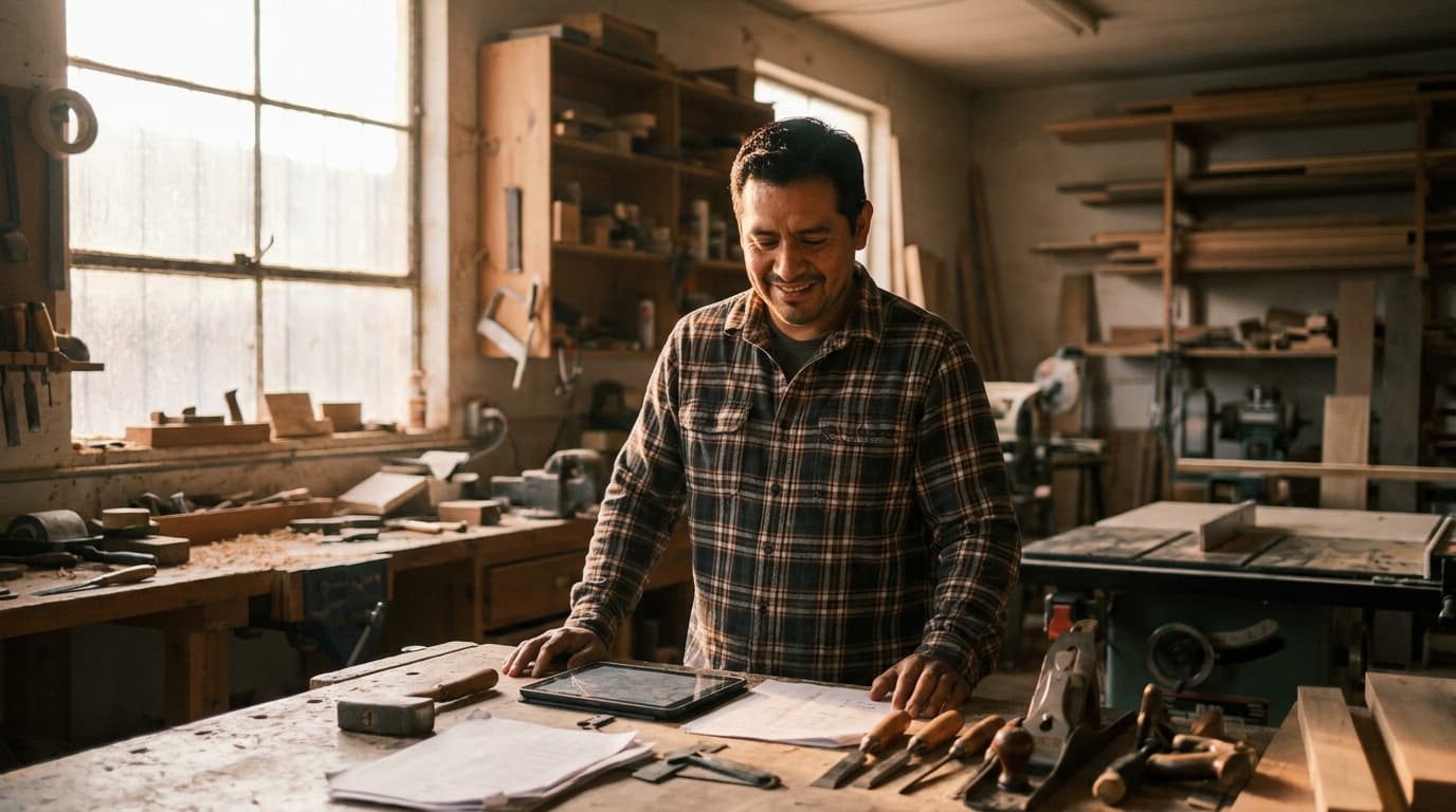 Business owner reviewing plans in his woodworking shop